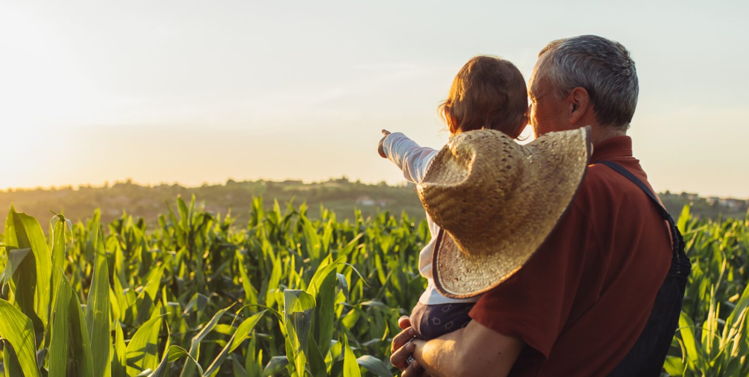 Man holding a child looking out on a farm field